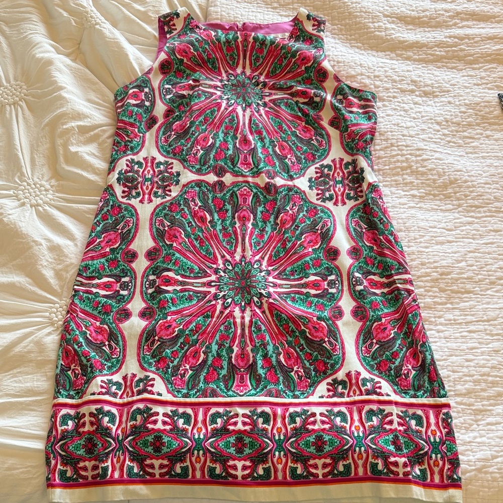 ✅London Times Pink and Green Medallion print Sleeveless Dress w/back zipper. 6